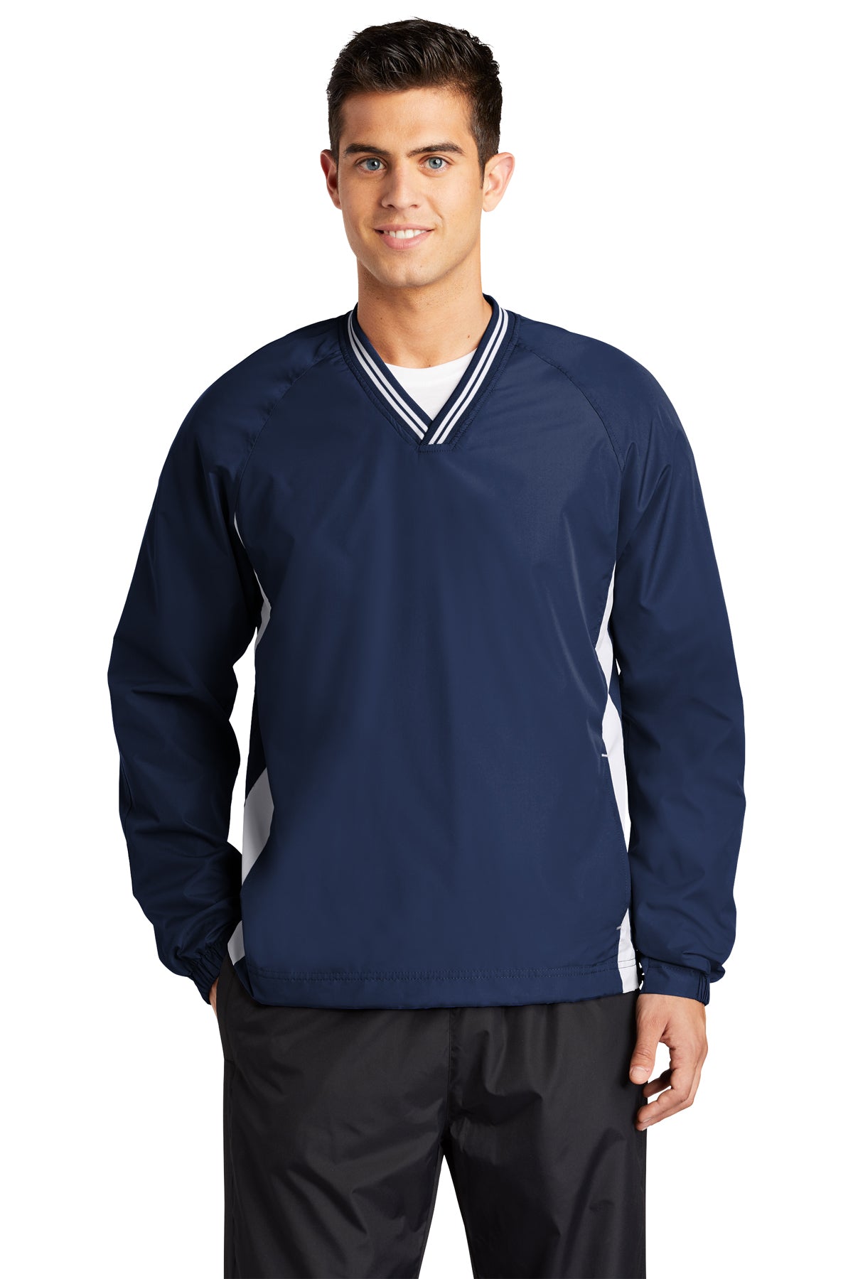 Management - Sport-Tek® Tipped V-Neck Raglan Wind Shirt (JST62-HERRS-MGMT) American Flag-LS